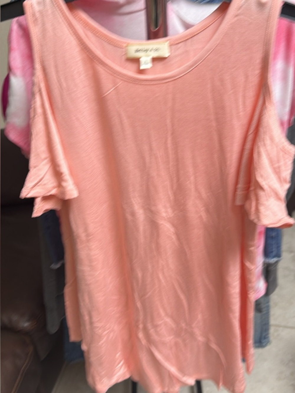 Women’s Peach Cold-Shoulder Ruffle Sleeve Crop Top - Soft Lightweight